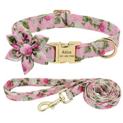 Custom Engraved Nylon Dog Collar and Leash Set with Floral Print