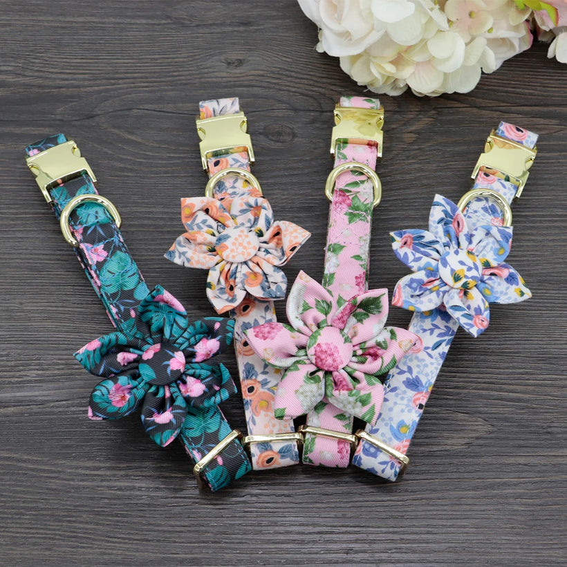 Custom Engraved Nylon Dog Collar and Leash Set with Floral Print