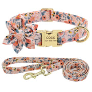 Custom Engraved Nylon Dog Collar and Leash Set with Floral Print