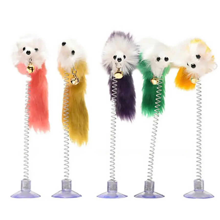 Cat Feather Mouse Spring Toy - Suction Teaser with Bell