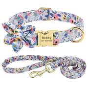 Custom Engraved Nylon Dog Collar and Leash Set with Floral Print