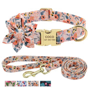 Custom Engraved Nylon Dog Collar and Leash Set with Floral Print