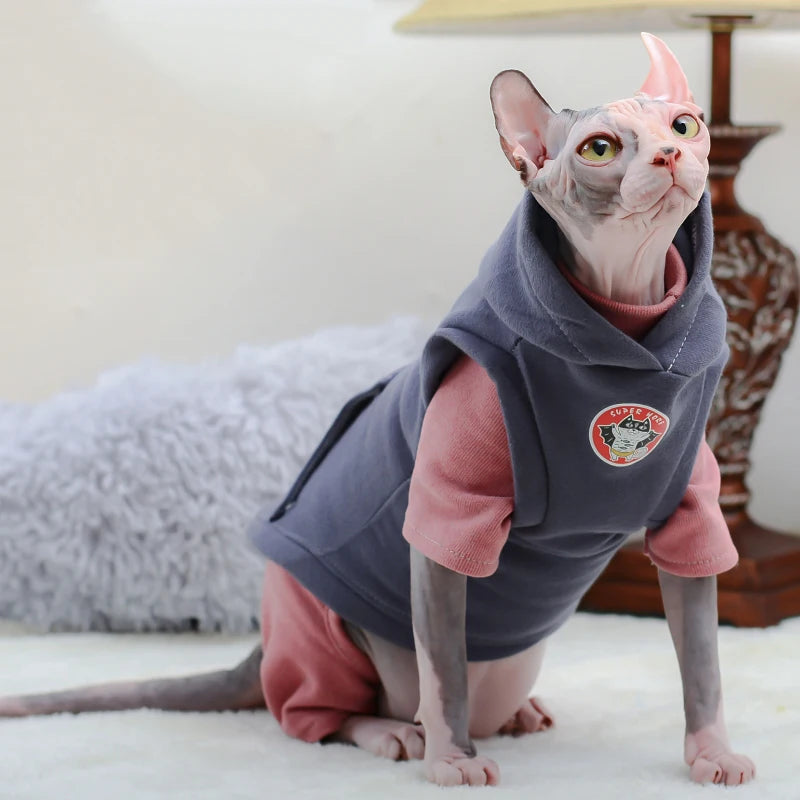 Sphynx Cat Cotton Hoodie - Warm Fleece Pajama Vest
