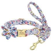Custom Engraved Nylon Dog Collar and Leash Set with Floral Print