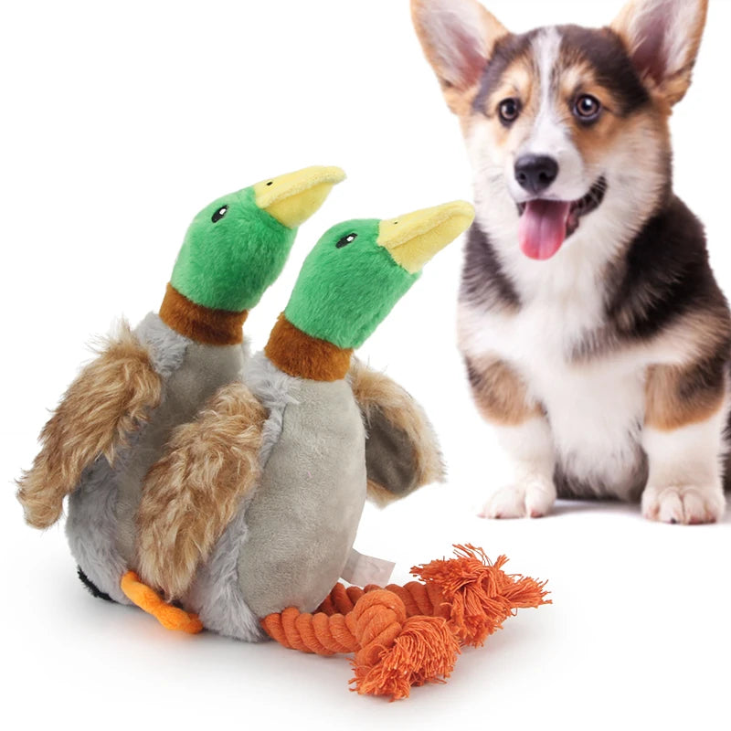 Plush Duck Squeaky Dog Chew Toy - Rope Tooth Cleaning Toy