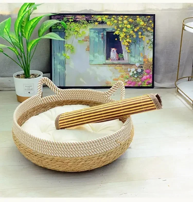 Woven Summer Cat Bed - Breathable Rattan-Style Sleeping House