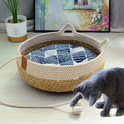 Woven Summer Cat Bed - Breathable Rattan-Style Sleeping House
