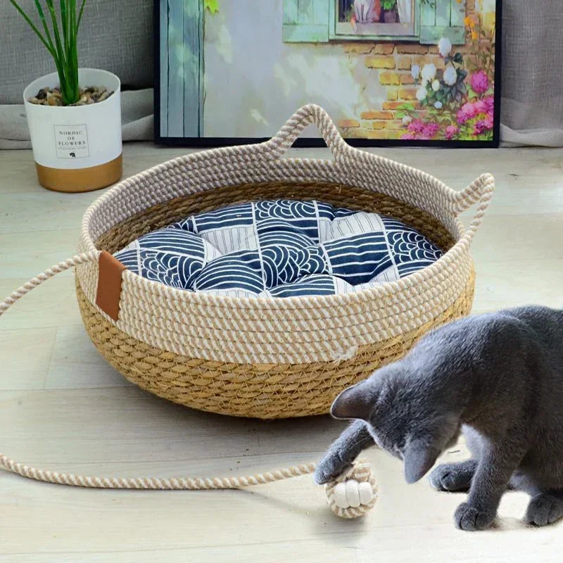 Woven Summer Cat Bed - Breathable Rattan-Style Sleeping House