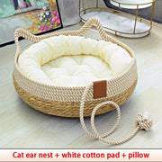 Woven Summer Cat Bed - Breathable Rattan-Style Sleeping House