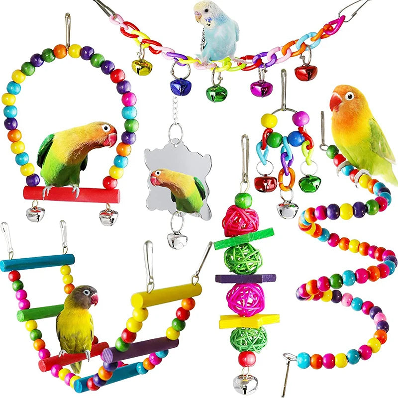 7-Piece Wooden Parrot Toy Set with Swing, Ladder and Bells