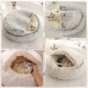 Covered Plush Round Cat Bed - Warm Nest Cave for Small Pets
