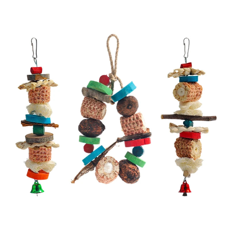 Natural Wood and Loofah Hanging Chew Toy for Birds