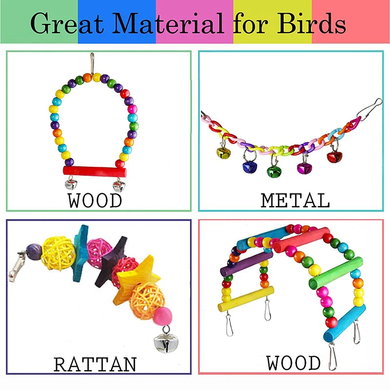 7-Piece Wooden Parrot Toy Set with Swing, Ladder and Bells