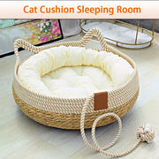 Woven Summer Cat Bed - Breathable Rattan-Style Sleeping House
