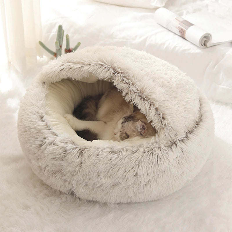 Covered Plush Round Cat Bed - Warm Nest Cave for Small Pets