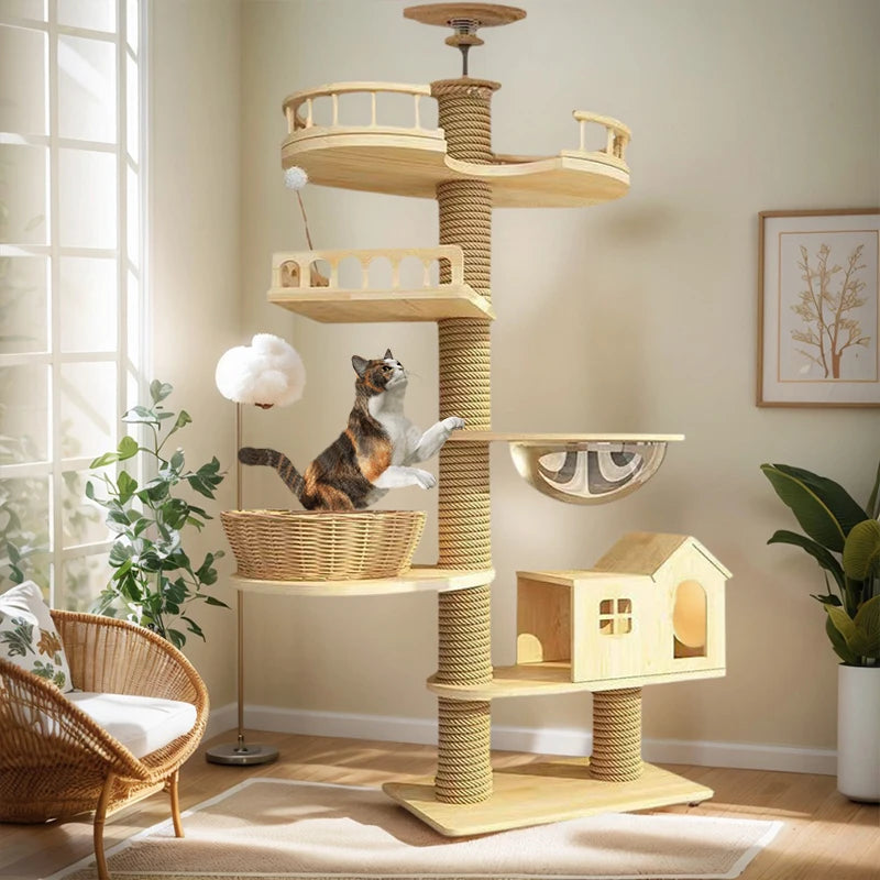 Solid Wood Floor Cat Tree House and Climbing Tower
