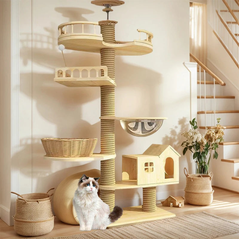 Solid Wood Floor Cat Tree House and Climbing Tower