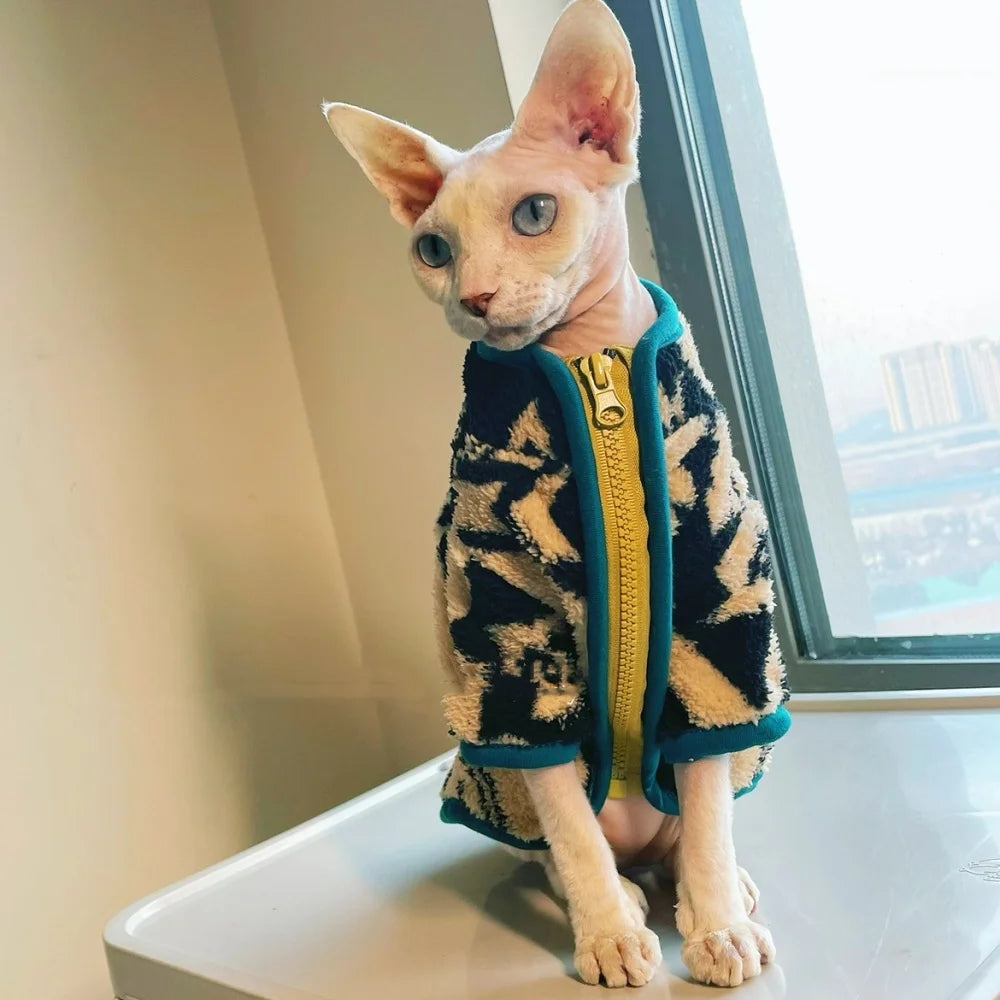 Ollie Velvet Cat Sweater - Green Zipper Sphynx Jacket
