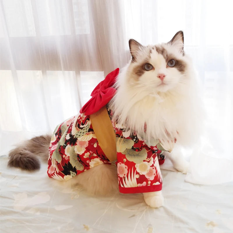 Japanese Style Pet Kimono Coat - Bow-Knot Cat and Dog Outfit