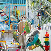 7-Piece Wooden Parrot Toy Set with Swing, Ladder and Bells