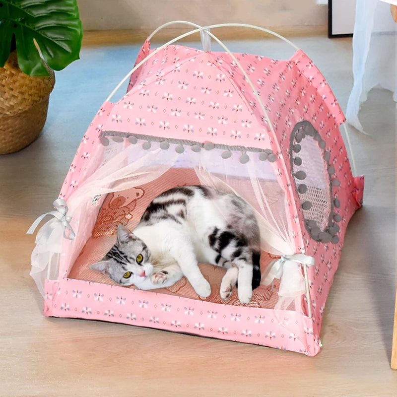 Semi-Enclosed Floral Cat Tent Bed - All-Season Pet Nest
