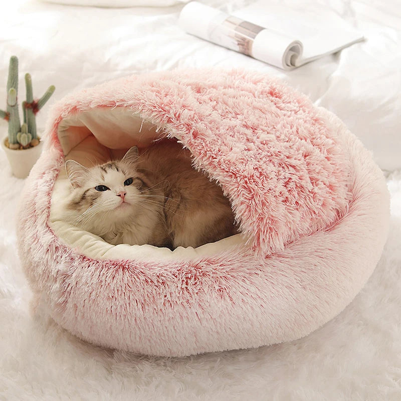 Covered Plush Round Cat Bed - Warm Nest Cave for Small Pets