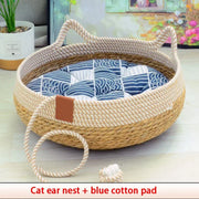 Woven Summer Cat Bed - Breathable Rattan-Style Sleeping House