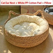 Woven Summer Cat Bed - Breathable Rattan-Style Sleeping House