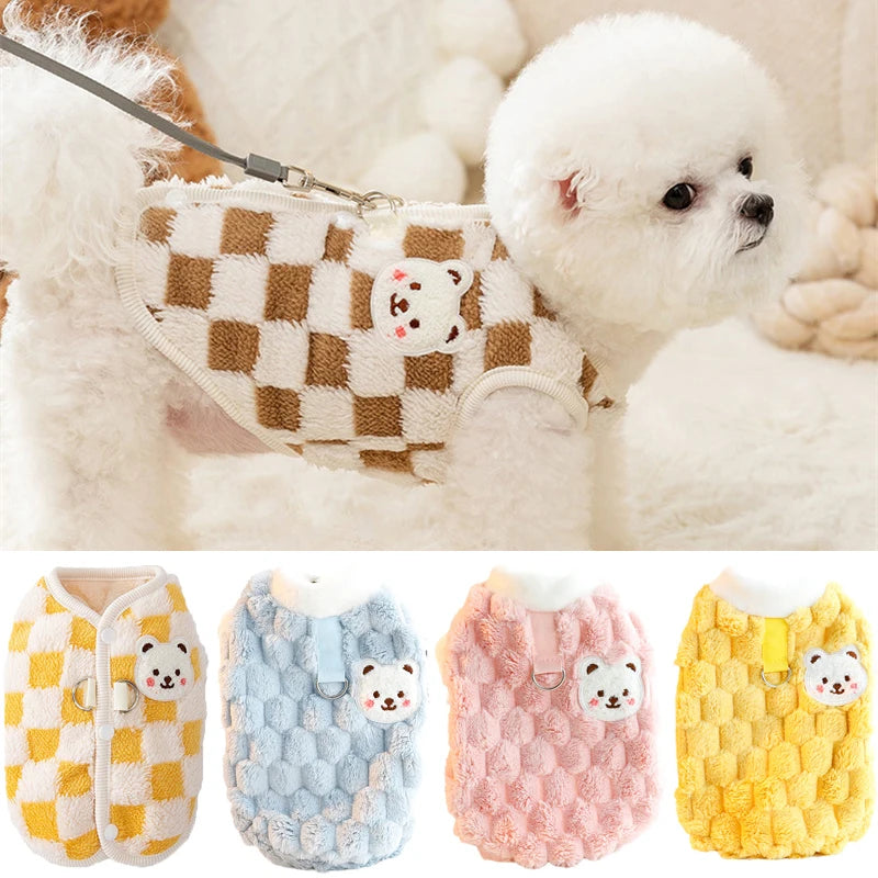 Bear Print Plush Pet Sweater - Buckle Winter Jacket