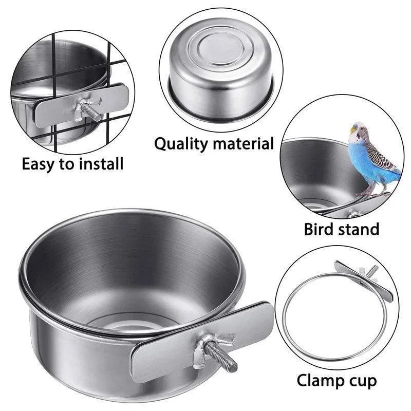 Stainless Steel Clamp Bird Food and Water Cup for Parrots
